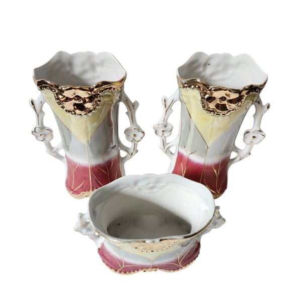 Antique German Art Nouveau Vase Set Hand Painted Floral‎ Gold Trim 1890s - 1930s - Picture 3 of 16